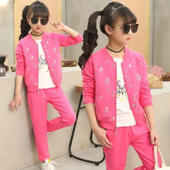 

2020 New Fashion Girls 3 Piece Set Coat + White T-shirt + Pant Autumn Children's Sports Suits Kids Girls Clothing Sets Tracksuit