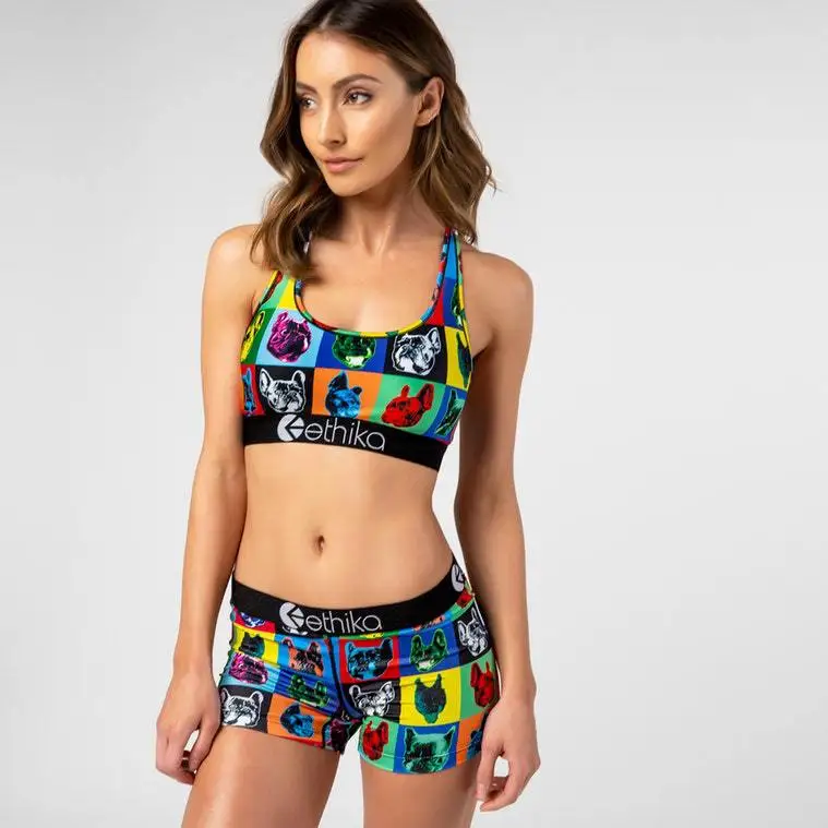 

AHVIT Contrast Color Sexy Women Two Piece Set Square Collar Sleeveless Printed Crop Top Elastic Waist Short Beach Pants LS6276