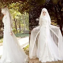 Middle East Vestido de noiva Kaftan Wedding Dress Mermaid 2017 Long Sleeve Arabic Wedding Dresses with Hijab Appliques Crystal