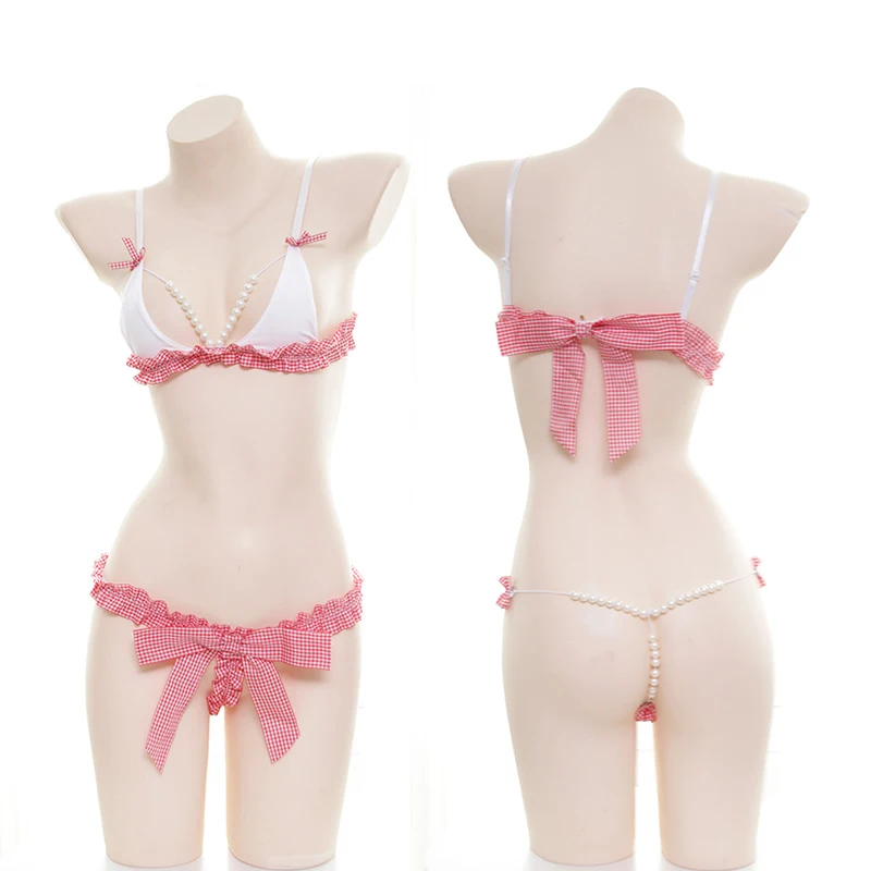 

Sexy Pink Plaid Pearl Chain Bikini Lingerie Set Japanese Young Girls Bow Ruffle Underwear Sleepwear Lolita Bra & Panties Set