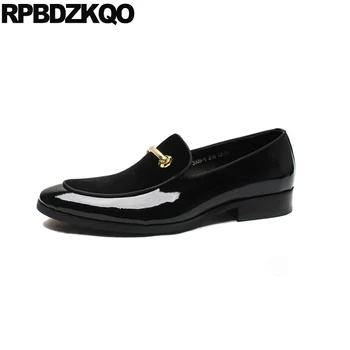 

Metal Loafers Dress Fashion Patent Leather Runway Brand Prom Men Casual Slip-ons Shoes Genuine European Black Pointed Toe Party