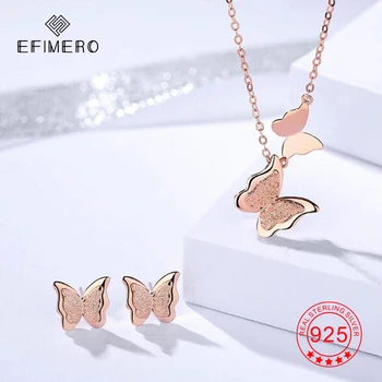 

Solid 925 Sterling Silver Butterfly Necklace Stud Earrings Jewelry Sets Rose Gold Jewellery for Women Girls Free Shipping