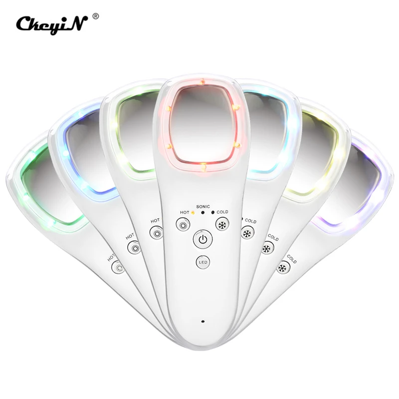 

USB Rechargeable Hot & Cold Hammer Facial Massager Ultrasonic Vibration 7 Colors LED Photon Therapy Skin Care Beauty Device P49
