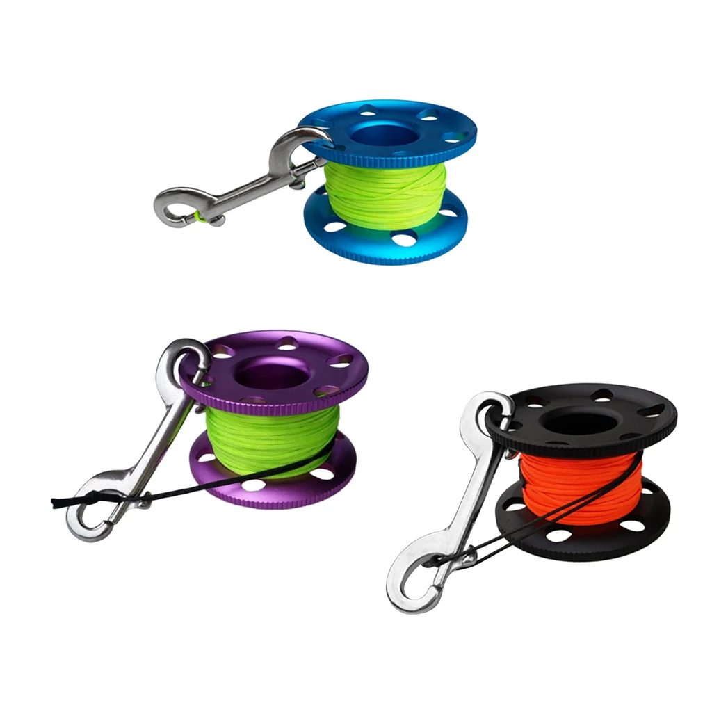 Scuba Diving Aluminium Finger Spool Reel 20/30/50M Line with Double Stainless Steel Ended Bolt Snap Bolt Clip 3 Color Options