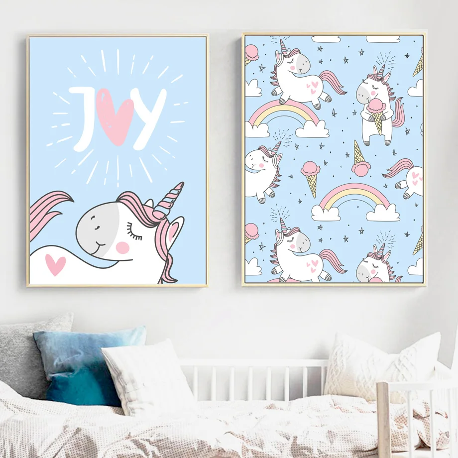 Cartoon Unicorn Rainbow Ice Cream Joy Quote Wall Art Canvas Painting Nordic Posters And Prints Wall Pictures For Kids Room Decor