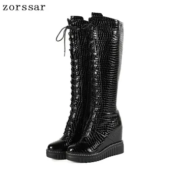 

{Zorssar} Genuine Leather Female High Boots Women Knee High Boots High heels Platform Wedge Womens Shoes Winter Fur Snow Boots