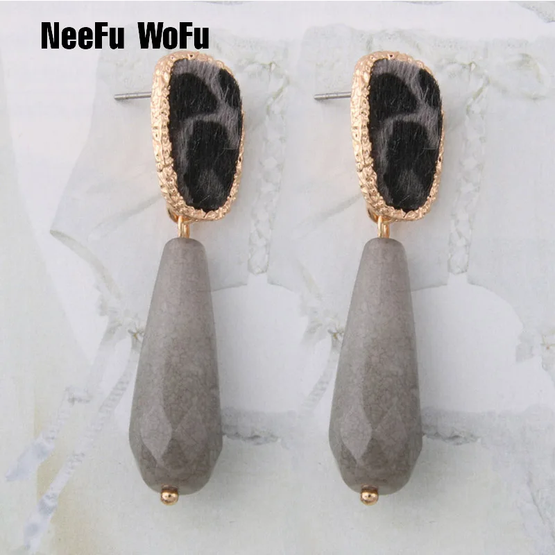 

NeeFu WoFu Natural stone Earring Leather Ear Tiger Large Drop Big Earrings for Woman Brinco Ear Oorbellen Christmas Gift