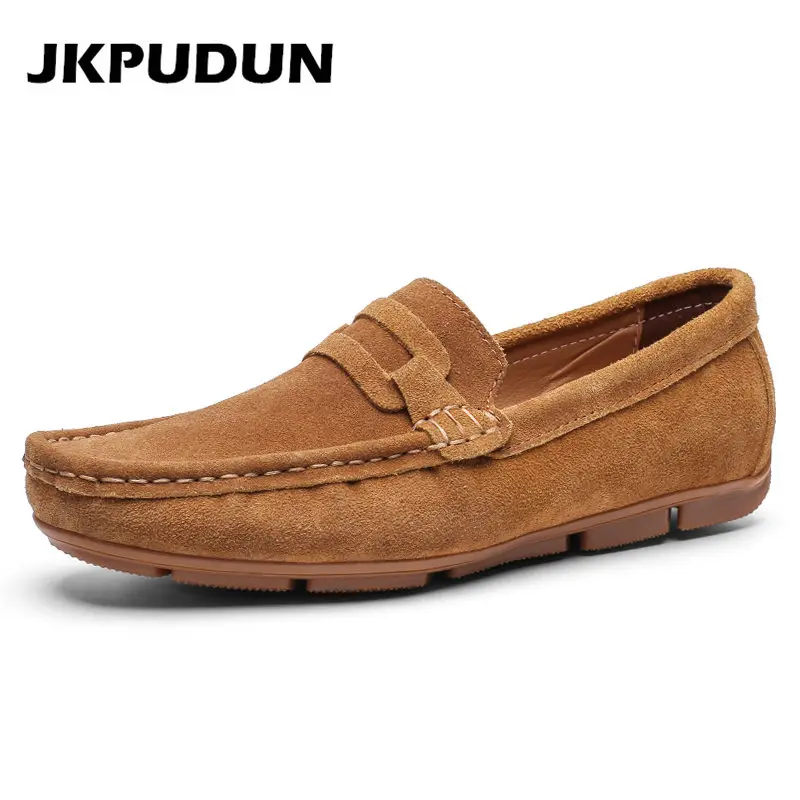 

JKPUDUN Handmade Suede Leather Mens Shoes Casual Luxury Brand Men Loafers Breathable Driving Shoes Slipon Moccasins Men Big Size