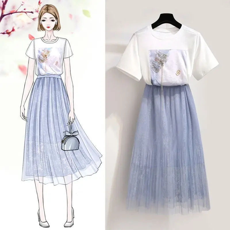 

2019 New Summer Women Elegant Sequined Slim T Shirt+A Line Mesh Floral Printed Pleated Skirt Suit Female Casual Sweet Sets Z353