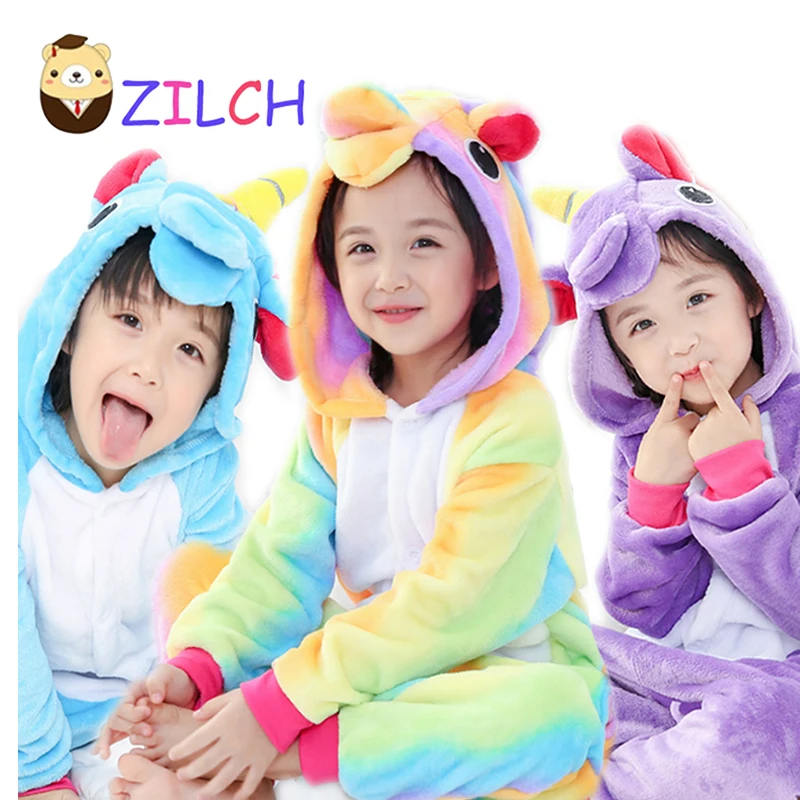 

Flannel winter christmas pajamas blue pink unicorn pajamas for girls cartoon animals Hooded sleepwear Boy pyjamas kids