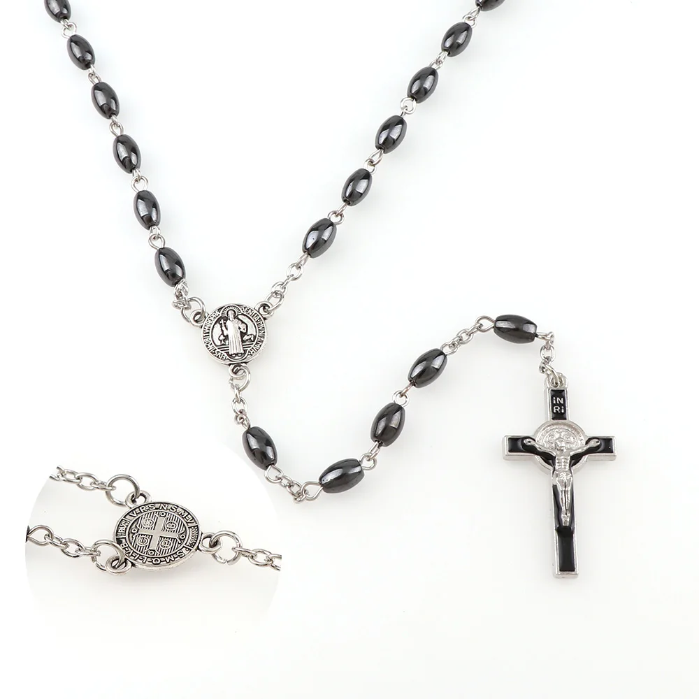 Oval Hematite Bead Catholic Rosary Pendant Necklace Alloy Cross