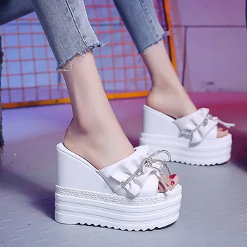 

2019 summer new women shoes wedge slippers solid super high heel women shoes 11 cm heel platform slippers