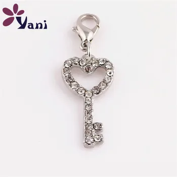 

20pcs/lot Newest Crystal Key Charms Heart Key Charms Pendant for Living Memory Locket Charms Lobster Clasp