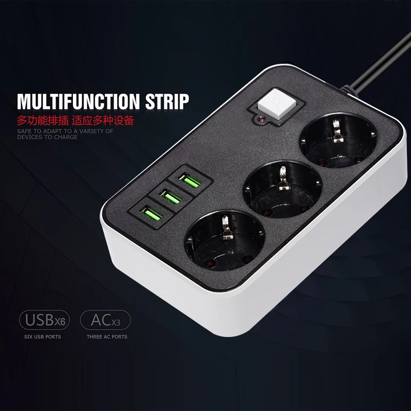 Portable Strip Plug Adapter Power Socket 3 Sockets 3USB Port Big Plug Extension Patch Board 1.8M Extension Cord for Home Office