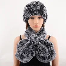 2 piece real fur hat and scarf set women’s warm winter soft natural rex rabbit cap Handmade Knitted scarves best gift