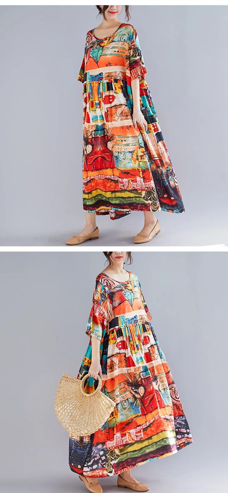 Johnature New Spring Summer Oversize Bohemia Casual Women Dresses Multi Color Print High Waist Long Dress