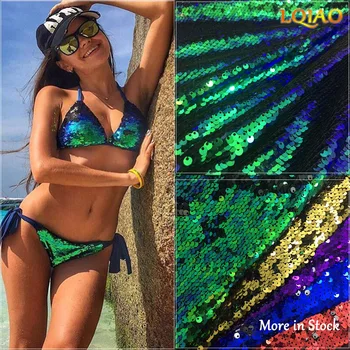 

2019 Hot Sale Green/Gold Reversible Sequin Fabric Mesh Knit Embroidered Mermaid Sequin African Lace Fabric for Dress Wedding DIY