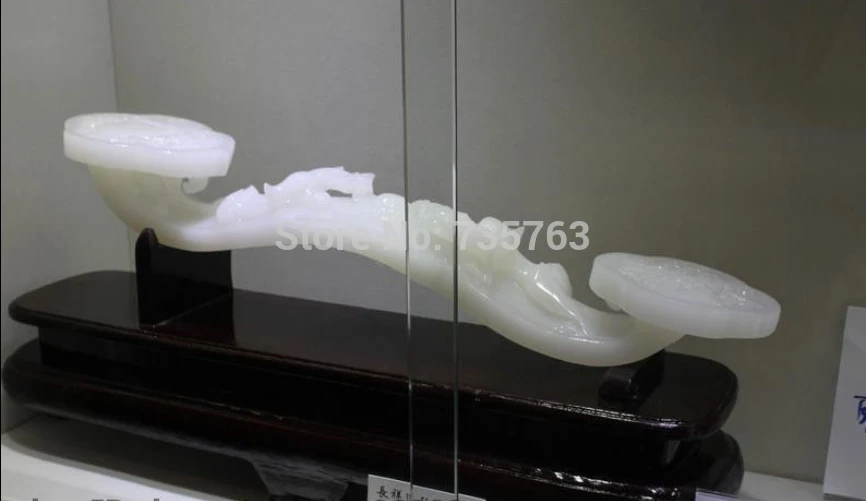 

00871 China Feng shui Two Dragon Bead Ru Yi statue-Afghanistan White Jade Stone