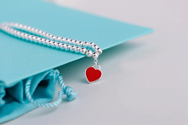 High polished silver beads bracelet with red heart dangle4