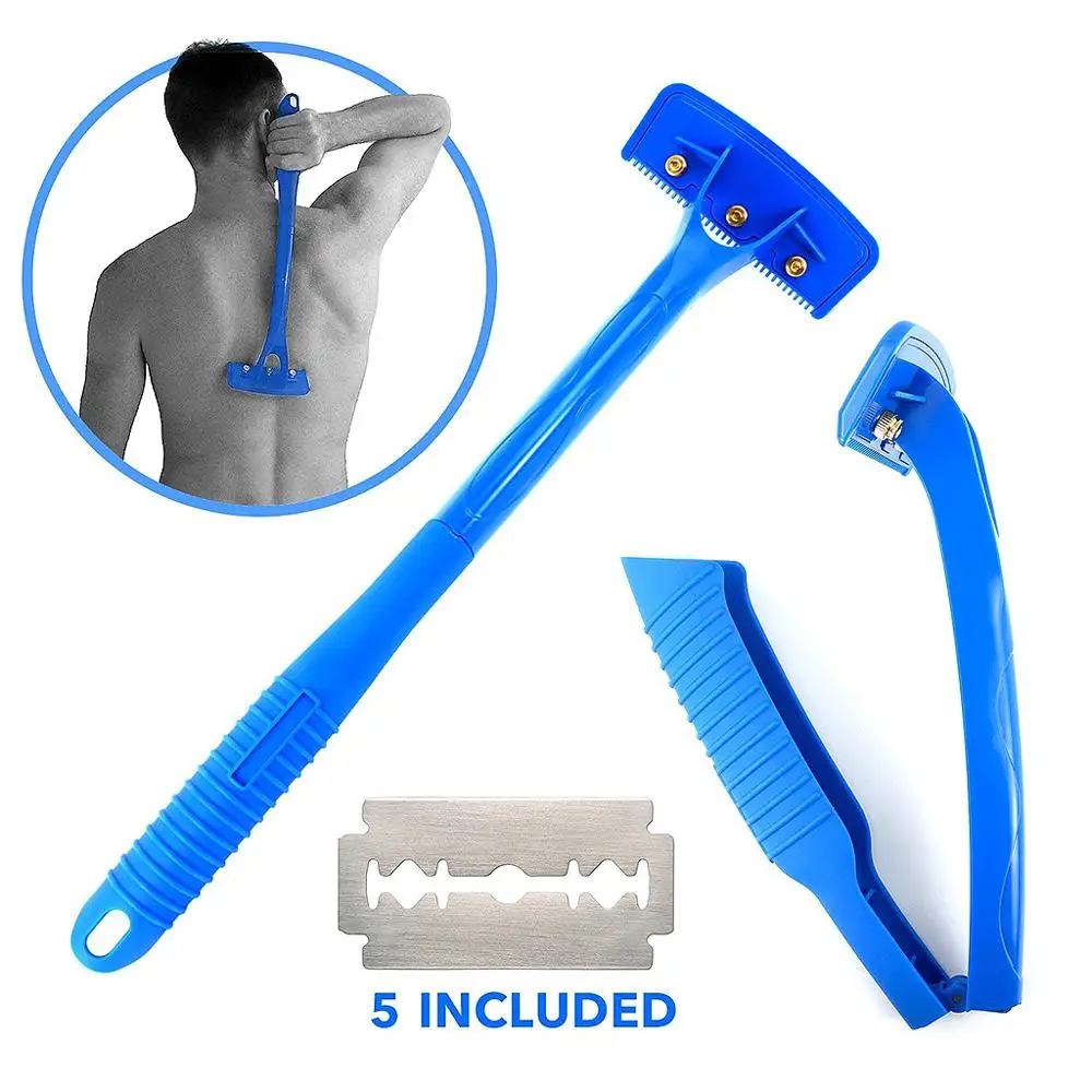

Back Hair Shaving Razor Body Hairs Shaver Removal Anti-slip Handle with 5 Double Edge Blades