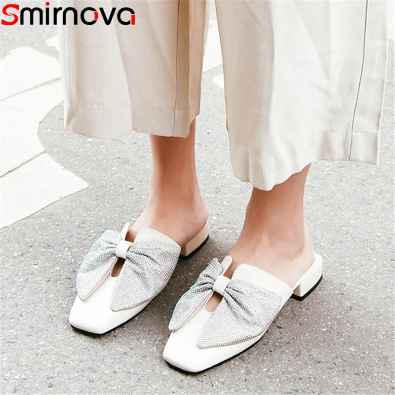

Smirnova 2019 new mules shoes for women square toe shallow genuine leather shoes women casual ladies shoes leisure flats shoes