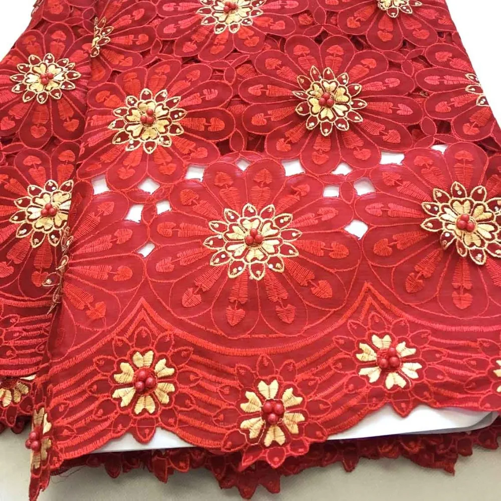 

African Swiss Voile Lace In Switzerland High Quality Hand cut Organza Chiffon 3d Lace fabric with color Beads F4-948