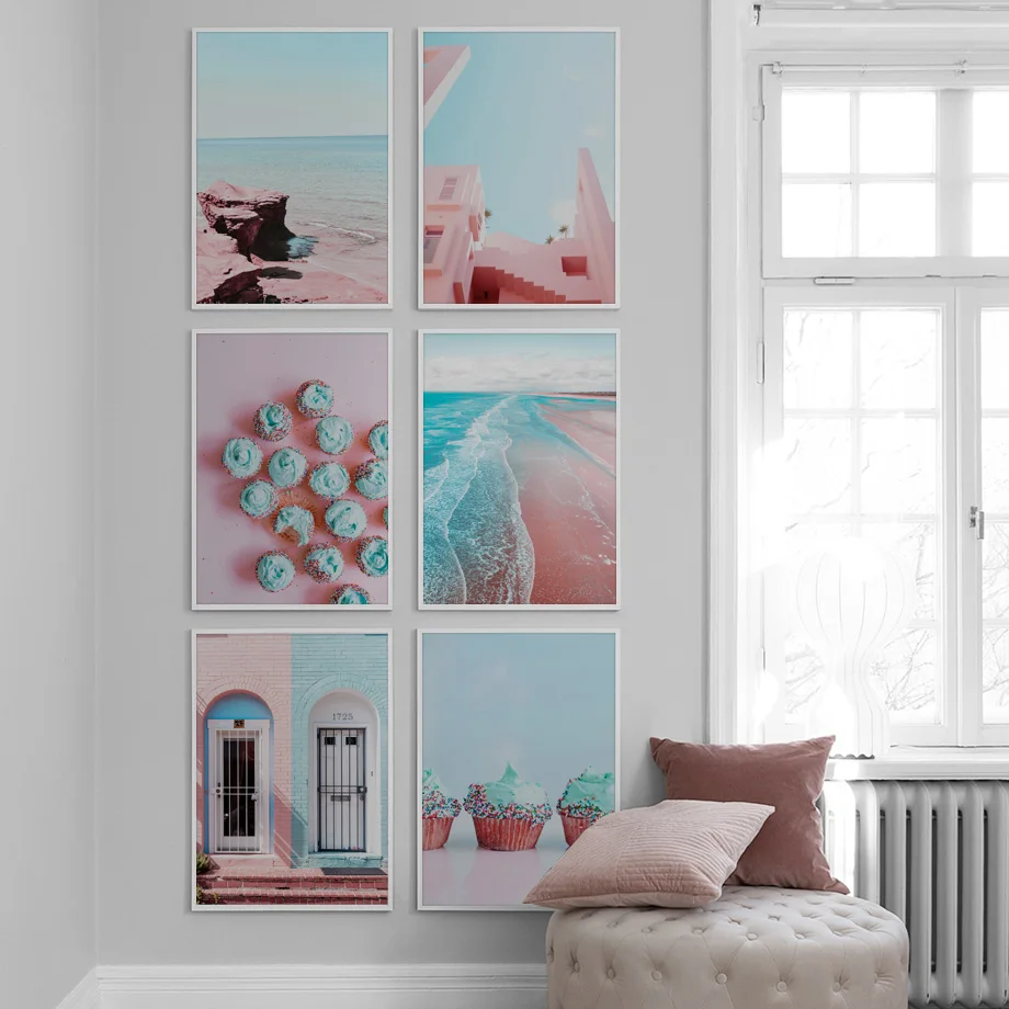 Pink-Beach-Sea-House-Door-Cake-Landscape-Wall-Art-Canvas-Painting-Nordic-Posters-And-Prints-Wall (2)