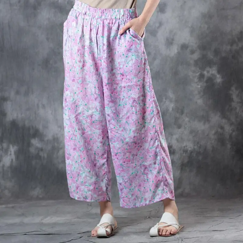 2018 Summer New Fashion Women Ladies Floral Wide Leg Pants Loose Print Ramie Trousers Stretch Waist Boho Pants OL Pantalon (6)