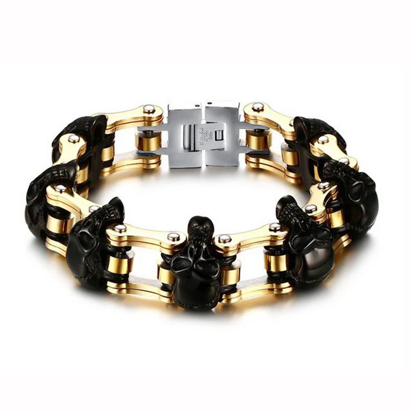 Quality Men Punk Stainless Steel Skull Beaded Bracelet Gun Black Gold-Color Heavy Chain Bracelet Quality Men Punk Stainless Steel Skull Beaded Bracelet Gun Black Gold-Color Heavy Chain Bracelet