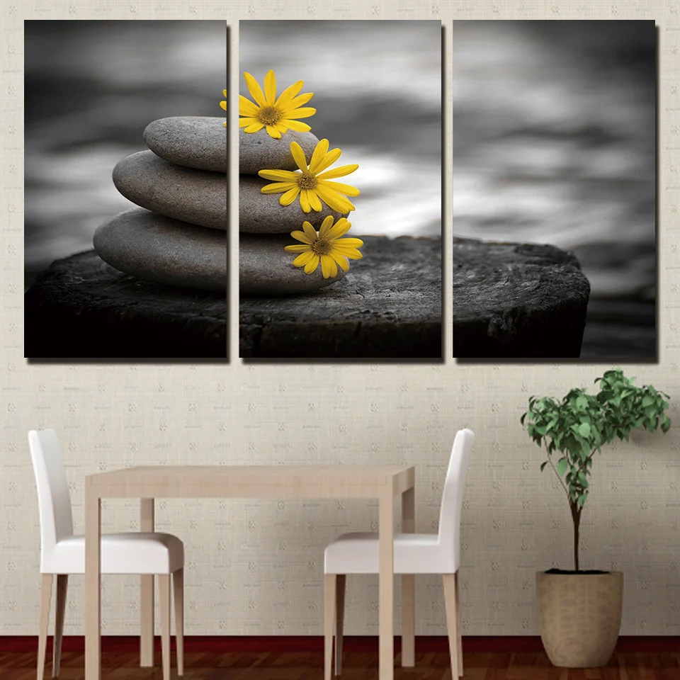 

Canvas Paintings Wall Art HD Prints Pictures 3 Pieces Stones Yellow Paris Daisy Flowers Peaceful Poster Living Room Home Decor