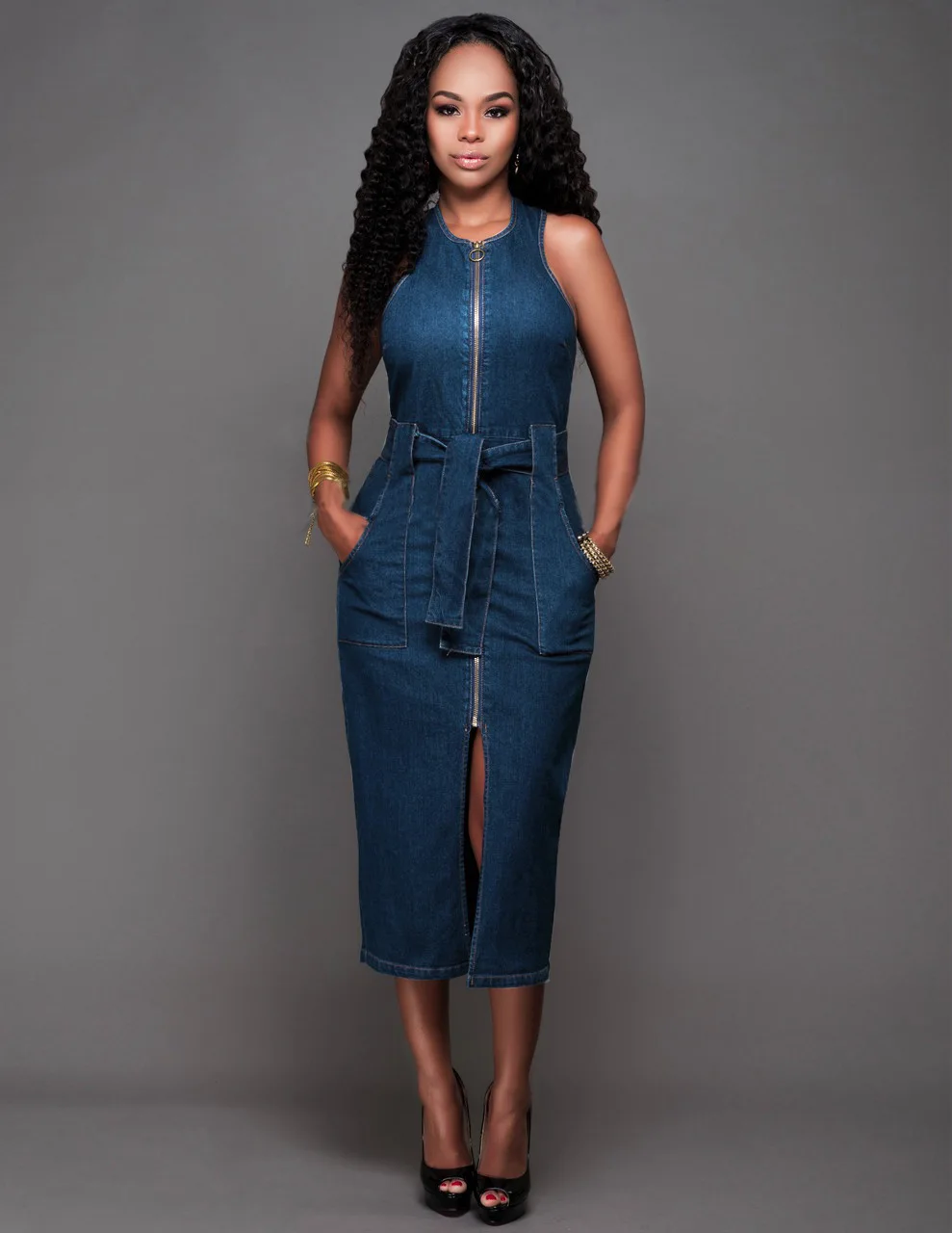 Summer Ladies Fashion Casual Long Max Zipper Denim Dress Sleeveless