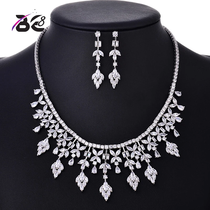 

Be 8 Beautiful Sparkling Cubic Zirconia African Beads Jewelry Sets for Women Bridal Gift White Gold Color Earring Necklace YC007