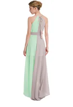 Amoyblue 2 Colors Pink/khaki Women Chiffon Long Summer Dress with PatchworkElegant Green/Gray Lady Split DressSexy Dresses