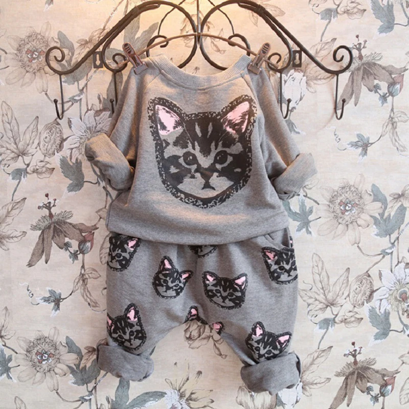 Childrens Spring Collection Girls New Set Cartoon Cat Pattern Pants Set