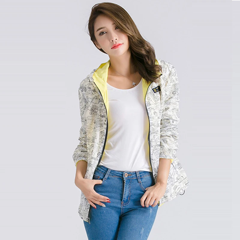 2017 Female Jacket Women Bomber Basic Jacket Autumn Two Side Wear Coat Cartoon Print Pocket Zipper Hooded Outwear Loose A067