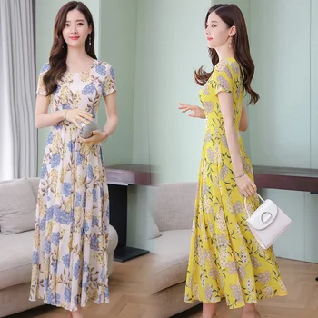 

2019 Elegant Women Floral Chiffon Boho Maxi Dress Vintage Bodycon Party Vestidos Summer 3XL Plus Size Print Beach Midi Sundress