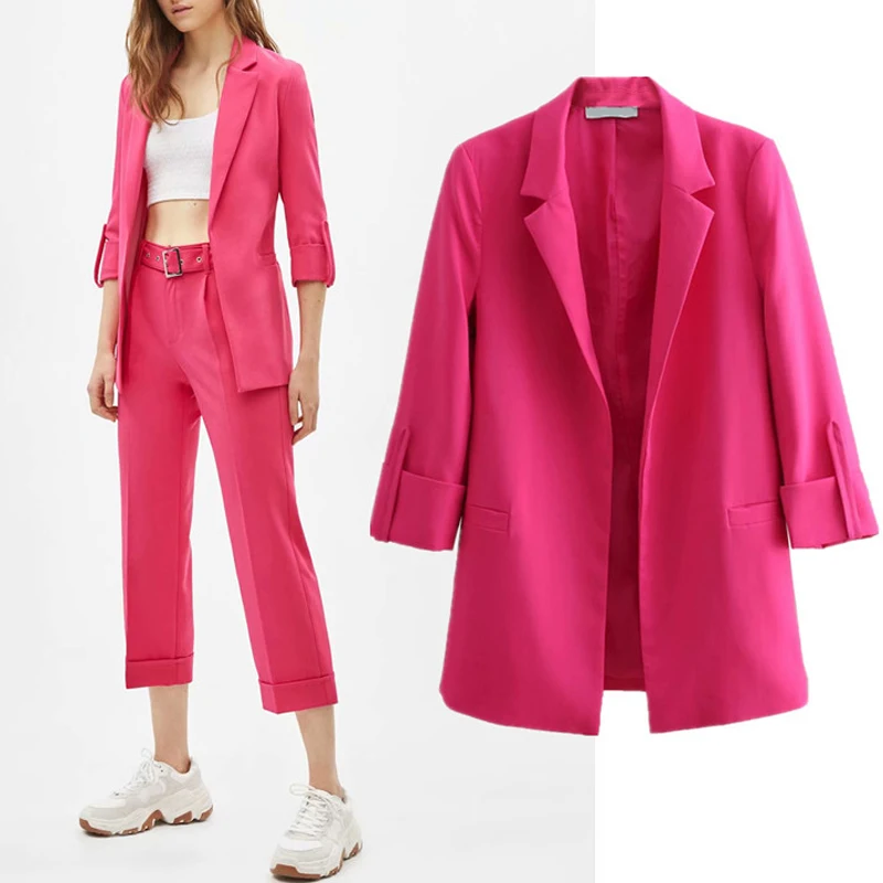2019 Chic Pink Women Jacket Blazer Solid Notched Collar Pockets Office Ladies Blazers Wear Coat Female Slim Outerwear Tops