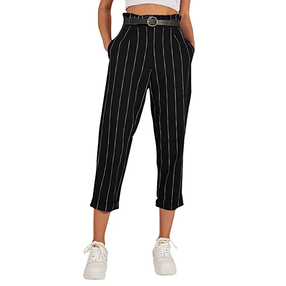 

Plus Size High Waist Pants Summer Pants Women Drawstring Women Loose Trousers Casual Striped Calf Length Womens Straight Pants