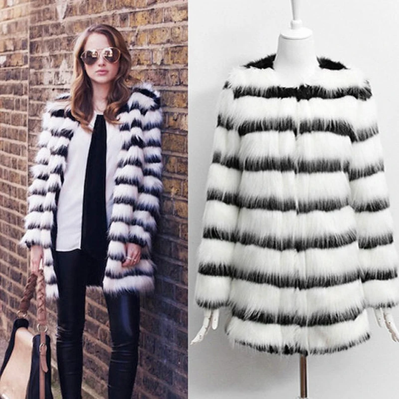 Femmes 6xl Renard Striped De Taille Imitation Fourrure Blanc Noir Long Rayé Manteau Hiver Mode La 5xl Automne H094 Plus Faux Moyen 2017 0HC1wqPfxn