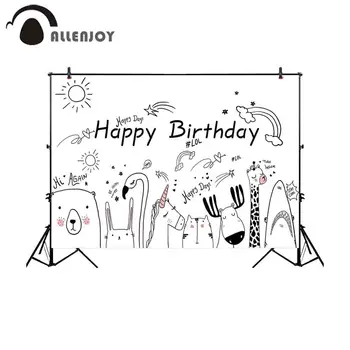 

Allenjoy photography backdrops happy birthday children stick figure animals cat flamingo giraffe cartoon photo background