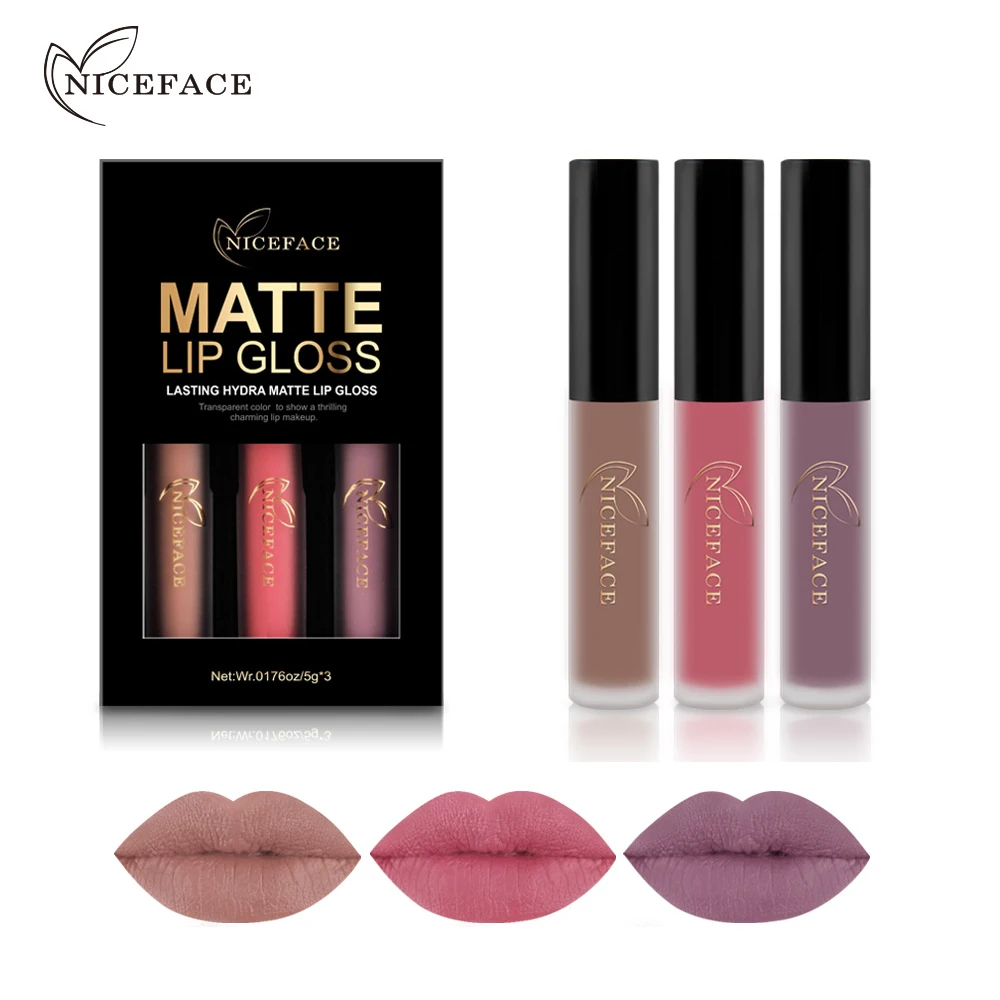 

NICEFACE 3pcs/lot Lipstick Sets Long-Lasting Matte Liquid Lip Stick Kits Makeup Waterproof Velvet Batom Nude Lip Gloss Cosmetics