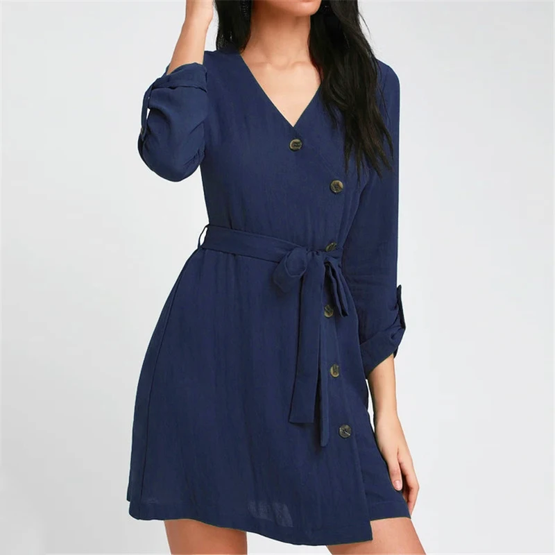 

2019 Autumn Mini Dress Women Long Sleeve V-Neck Dresses Casual Sundress Loose Sashes Elegant Office Ladies Dresses Robe Femme