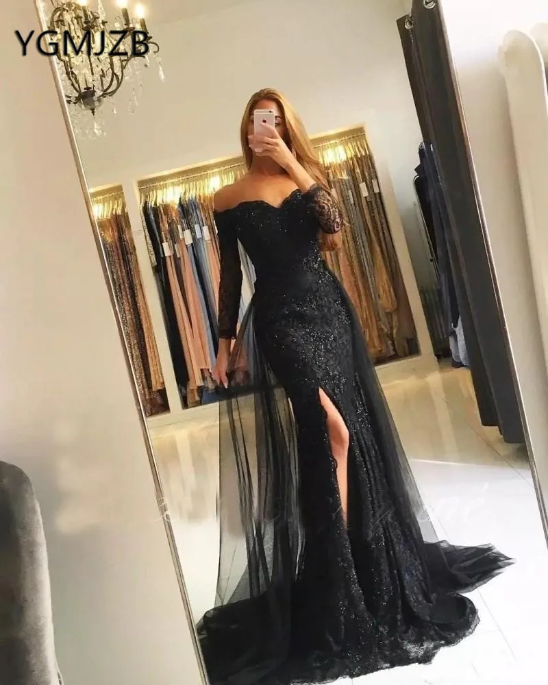 Elegant Lace Evening Dresses Long 2019 Mermaid Detachable Train 3/4 Sleeve Split Saudi Arabic Women Formal Prom Gown Party Dress