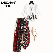 Shuchan Narural Silk High Quality 2 Piece Set Women Tops with Single Breasted +print Calf-Length Pant Indie Folk Suit 2019 11278