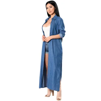 

Top Fashion Women's Spring Autumn European American Denim Windbreaker Casual Long Section Long Sleeve Loose Denim Jacket A157