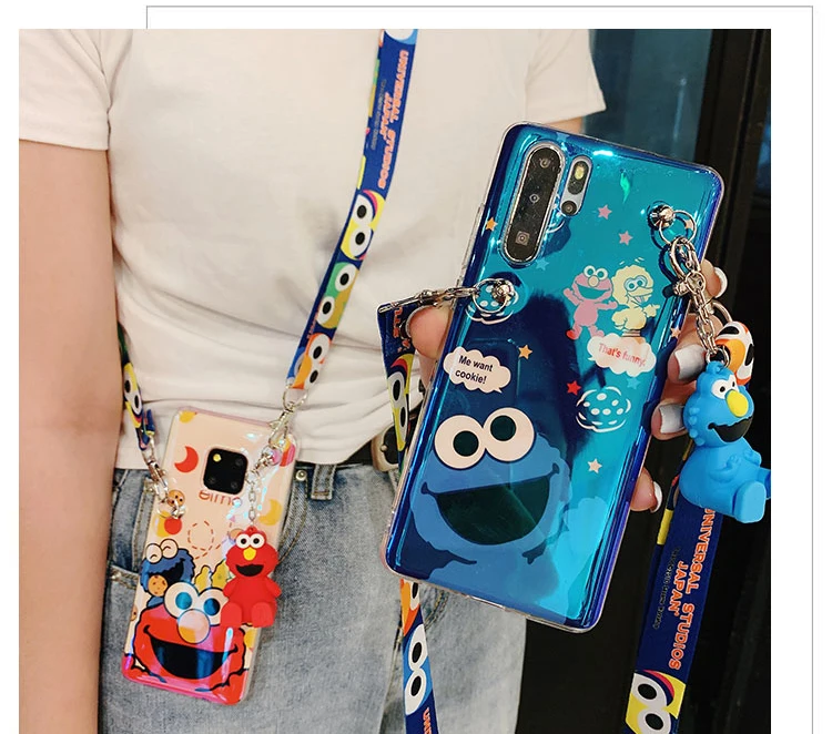 

3pcs For Huawei p30 P20 Sesame Street Case,Cute cookie Elmo Soft phone Cover for Huawei mate20 pro nova4 +toy stander+Strap