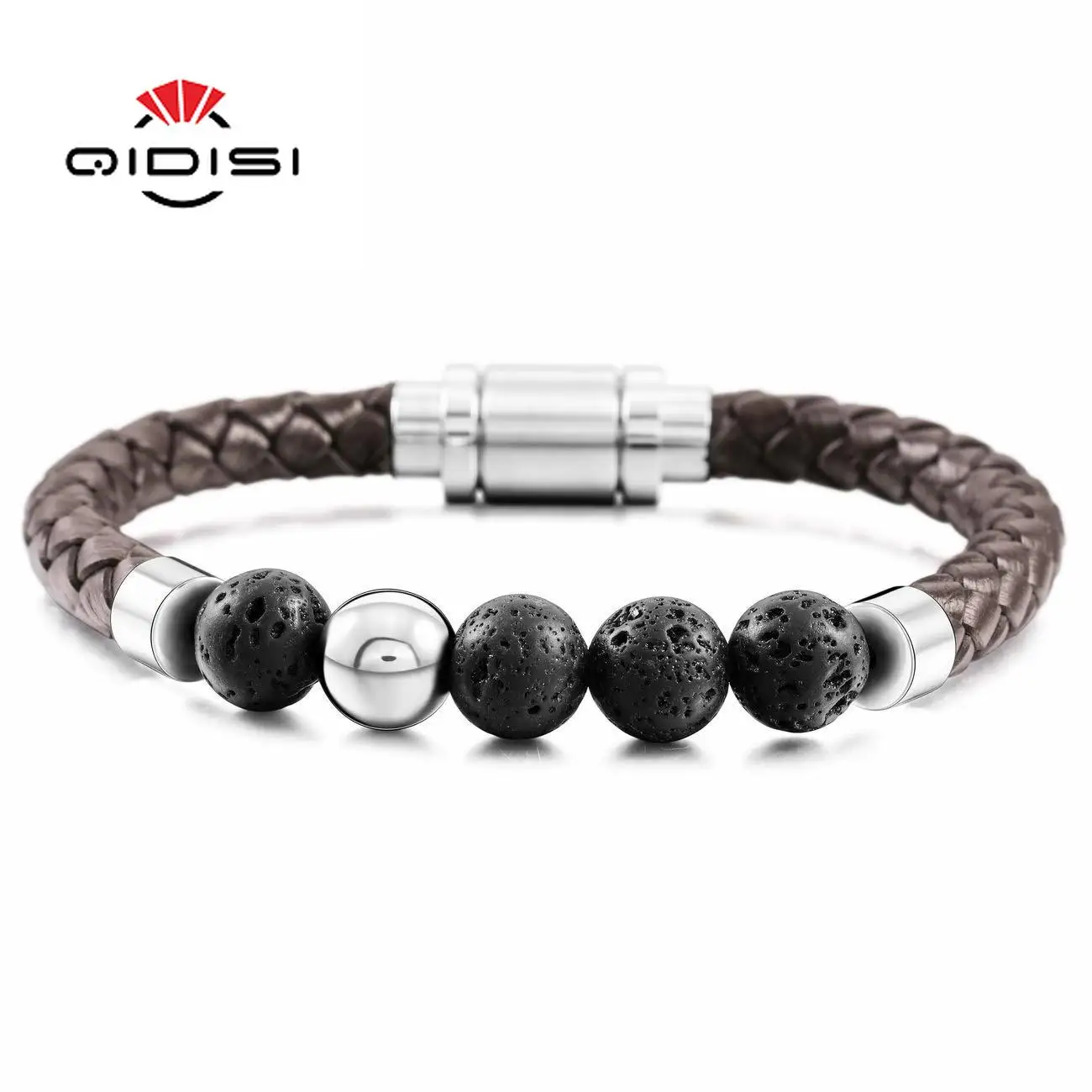 

QIDISI Silver Tone Brown Stainless Steel Genuine Leather Energy Bracelet Simulated Stone Bead Magnetic Clasp