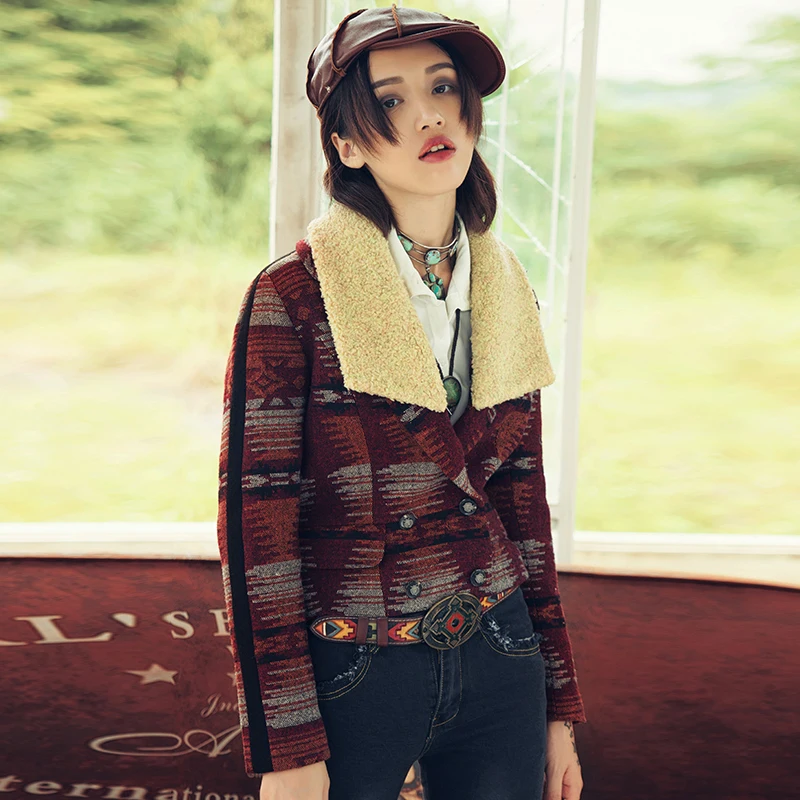 

Original Design 2019 Autumn Winter Women Slim National Trend Slim Print Double Breasted Short Woolen Jacket Outerwear