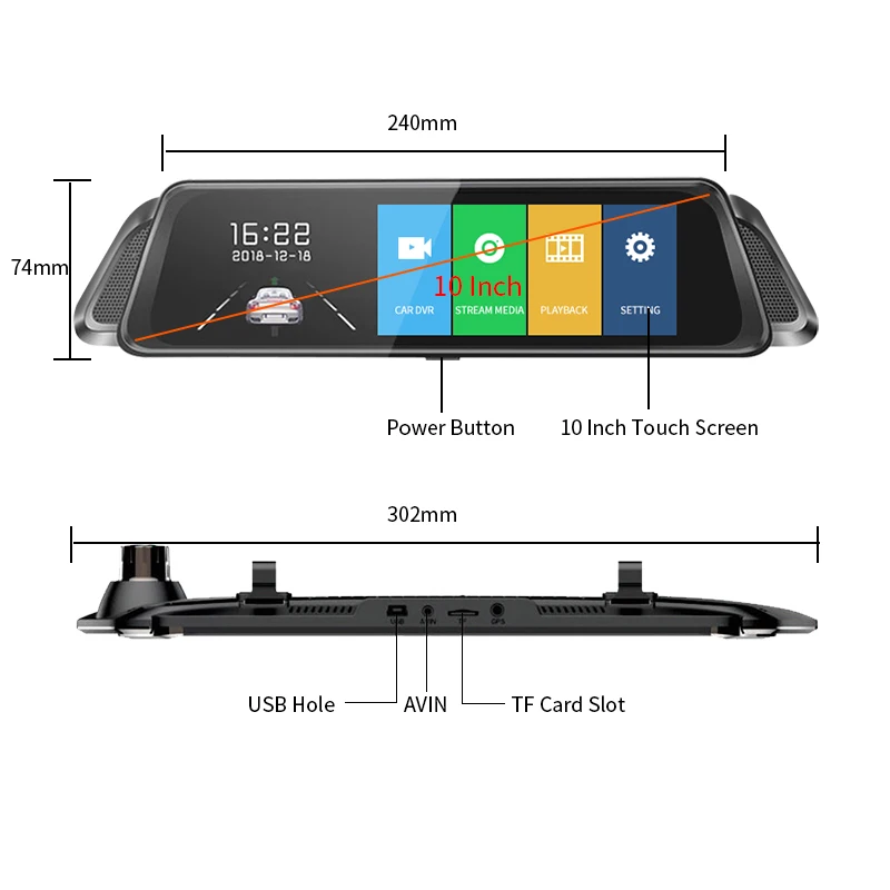 E ACE Автомобильная DVR камера 10 0 дюймов Сенсорное зеркало FHD 1080P видео регистратор