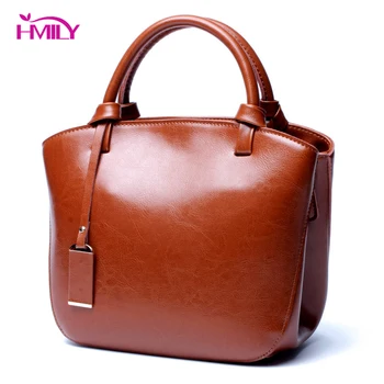 

HMILY Oil Wax Leather Women Handbag Cow Leather Female Messenger Bag Zipper Large Capacity Shoulder Bag Lady Elegant Daily Tote